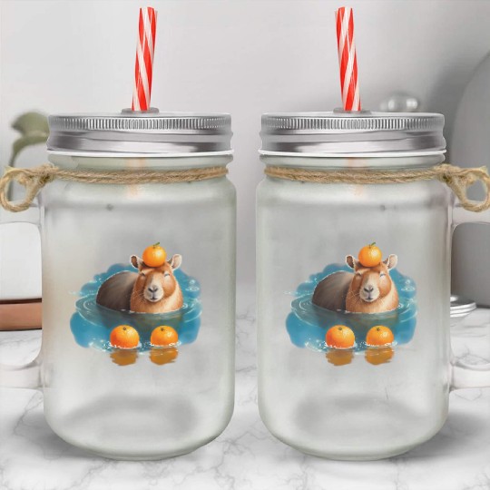 Blissful Capybara in the Water with Oranges Mason Jar Cups