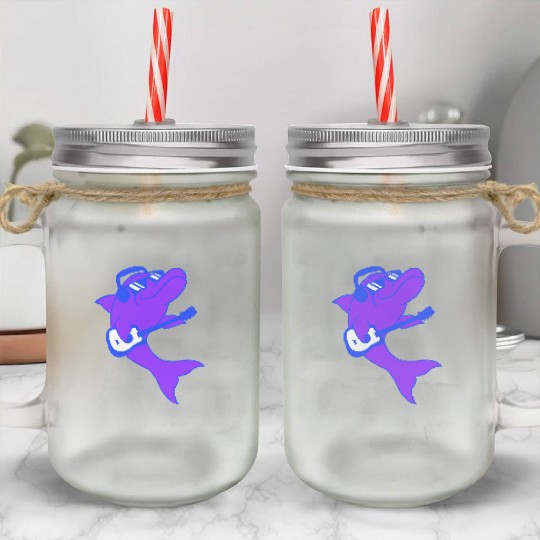 Cool Dolphin Playing Guitar Headphone Sunglasses Mason Jar Cups