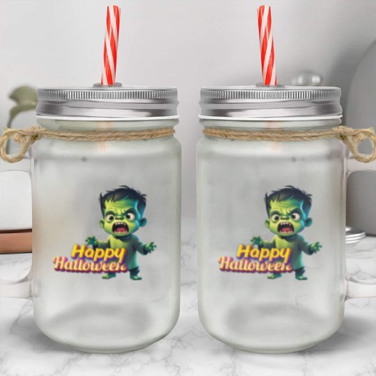 Little Cute Green Zombie Expressing Fear Mason Jar Cups