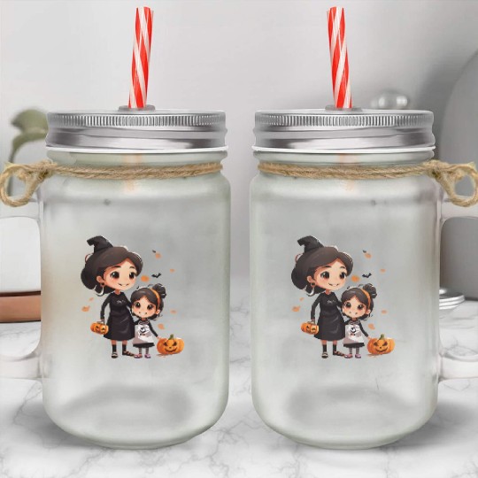 Mother and Daughter Halloween Trick-or-Treat Fun Mason Jar Cups