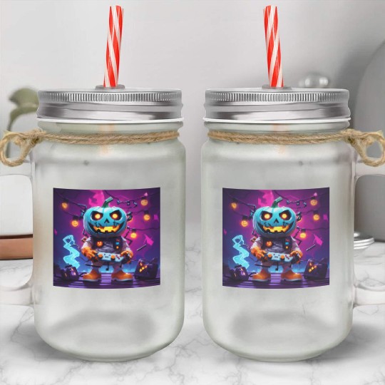 Pumpkin Gamer Halloween Neon Vibes Fun Design Mason Jar Cups
