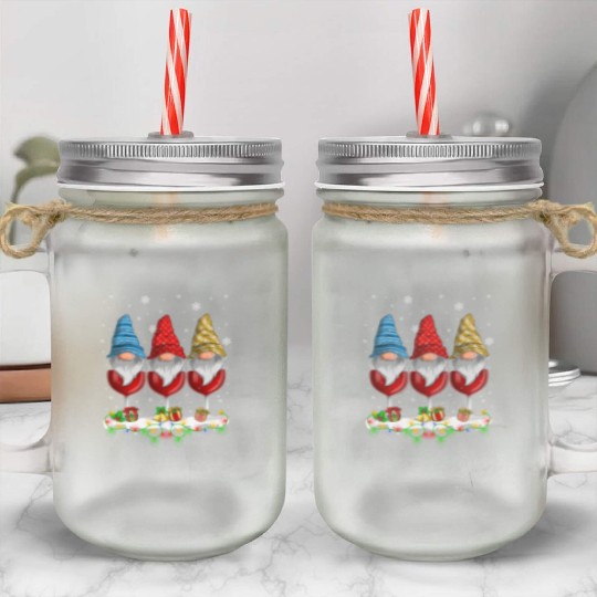 Three Glasses Of Wines Christmas Cute Gnomes Mason Jar Cups