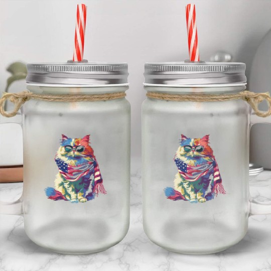 Persian Cat Patriotic US Flag Sunglasses Popart Mason Jar Cups