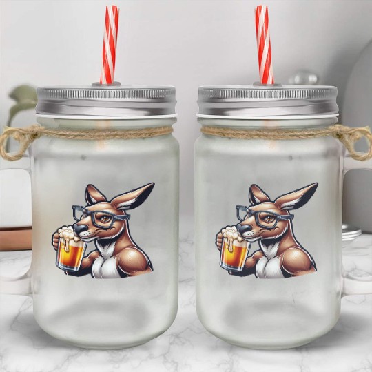 Kangaroo with Glasses Drinking Beer Mason Jar Cups
