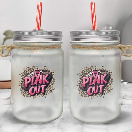 Pink Out Breast Cancer Football Coquette Bow Mom Mason Jar Cups