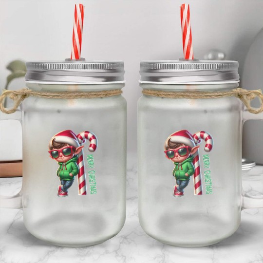 Merry Christmas Cool Elf with Candy Cane Vibes Mason Jar Cups