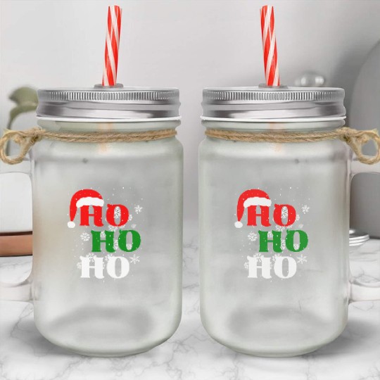 Christmas Ho Ho Ho Snow Flakes with Santa Hat Mason Jar Cups