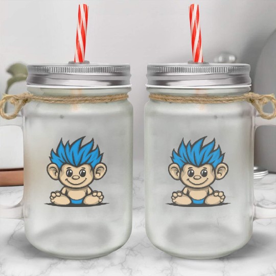 Blue Haired Cute Chibi Monkey Mason Jar Cups