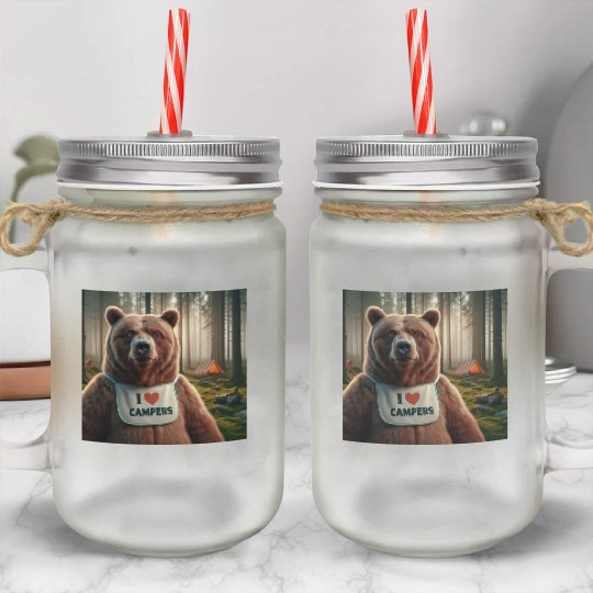 I love campers Grizzly bear with bib Mason Jar Cups