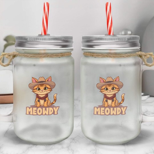 Cowboy Cat "Meowdy" Western yellow wild west cat Mason Jar Cups