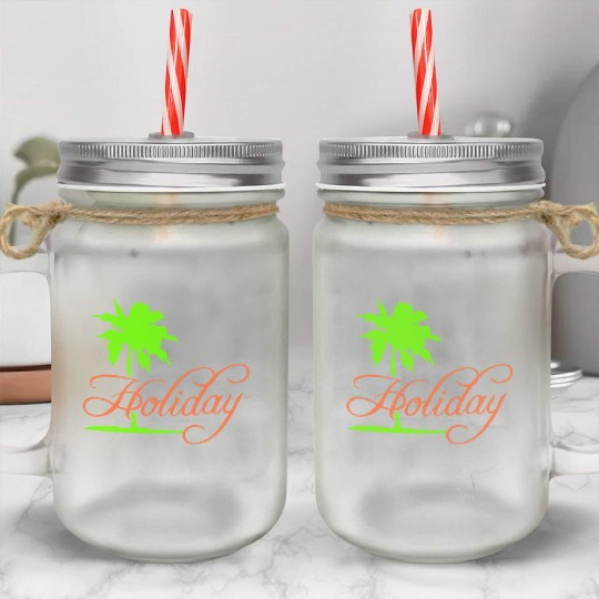 Holiday Palm Text Saying Vacation Relax Travel Fun Mason Jar Cups