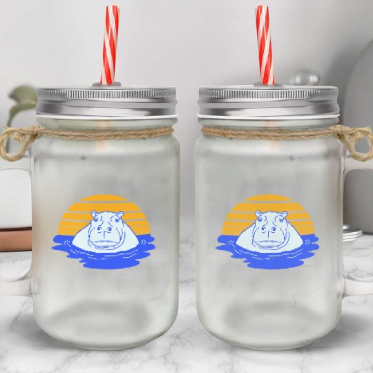 Hippo Swimming Water Sun Cute Happy Comic Cartoon Mason Jar Cups