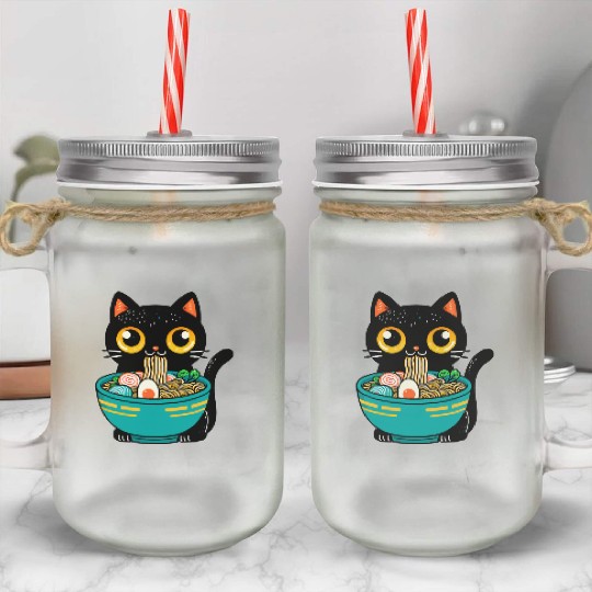 Funny Cat Eating Ramen Japanese Cat Ramen Noodles Mason Jar Cups