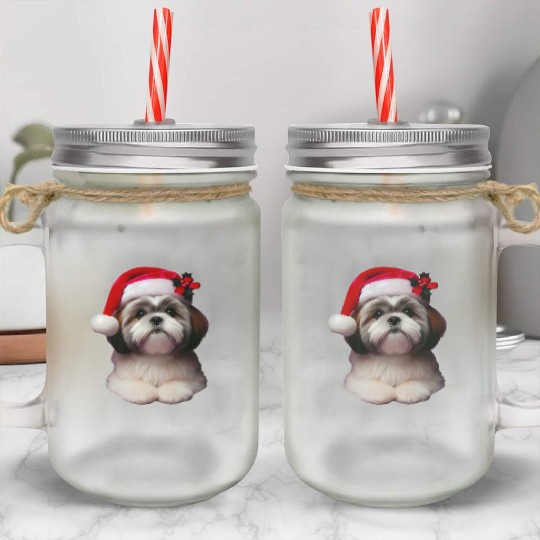 Shih Tzu with Santa Hat Christmas - for Dog Owners Mason Jar Cups