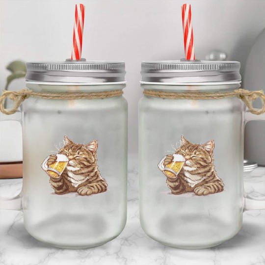 Cute Cat Drinking Beer 2 Mason Jar Cups