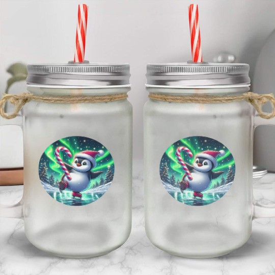 Penguin's Northern Lights Skate Mason Jar Cups