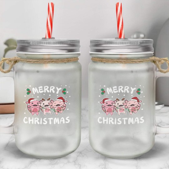 Merry Christmas Cute Axolotl Festive Lights Mason Jar Cups