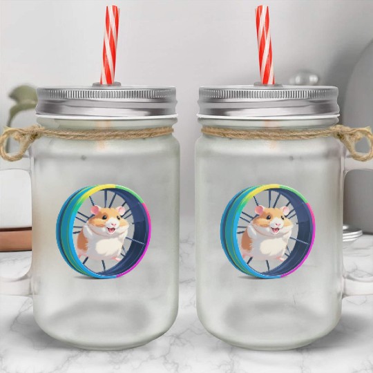 Happy Hamster on Exercise Wheel Mason Jar Cups