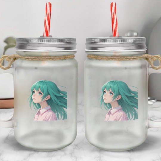 Teal Tresses: A Vision of Anime Serenity and Wonde Mason Jar Cups