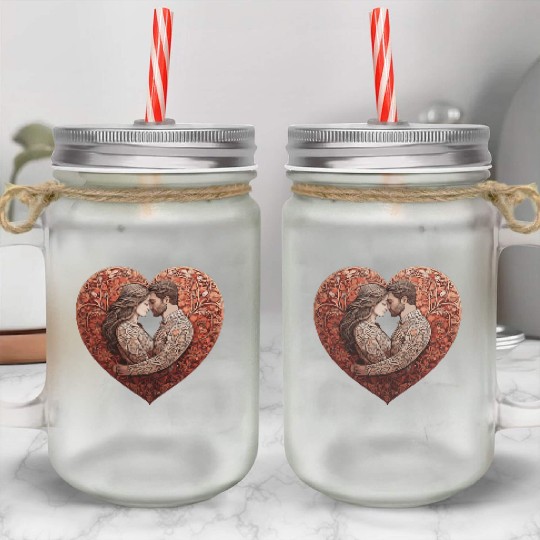 Romantic Couple Embracing in Floral Valentine Hear Mason Jar Cups