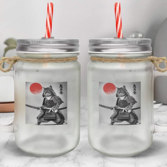 Kawaii Japanese Samurai Cat Vintage Japanese Cat Mason Jar Cups