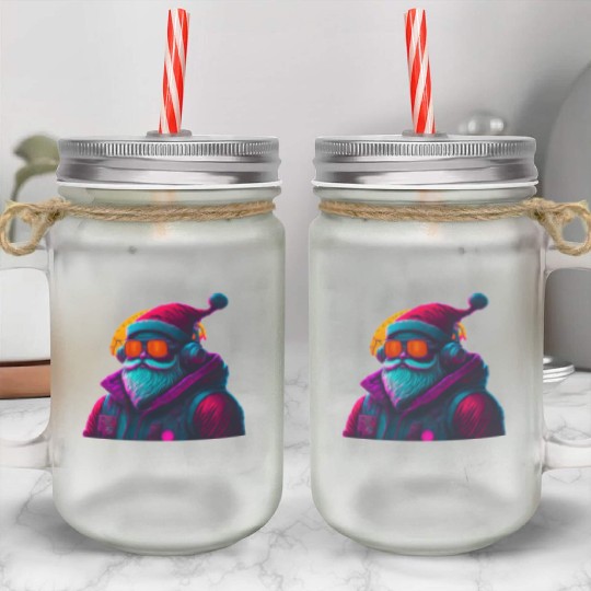 Retro Cool Santa Claus with Headphones Neon Colors Mason Jar Cups