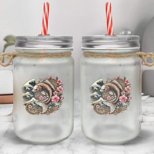 Elegant Koi Fish and Cherry Blossom Design Mason Jar Cups
