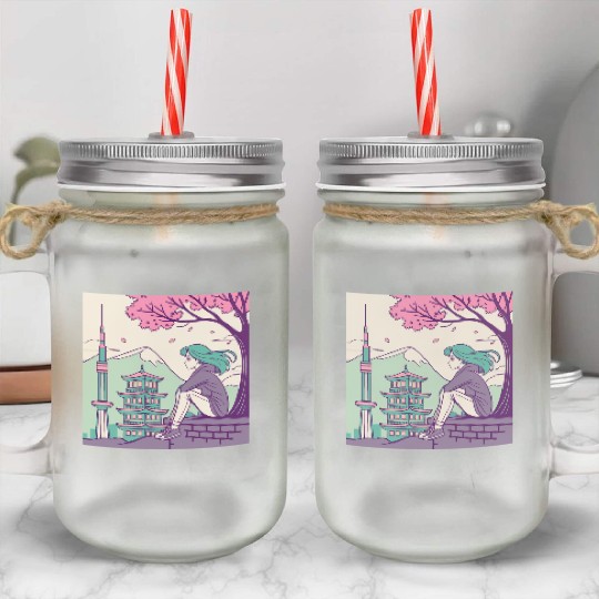 "Peaceful Anime Vibes: Girl Relaxing with Sakura Mason Jar Cups