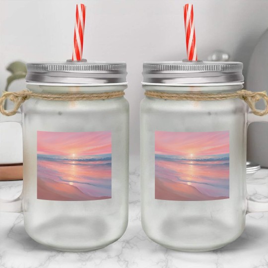 Pink Sunset Ocean Scene Mason Jar Cups