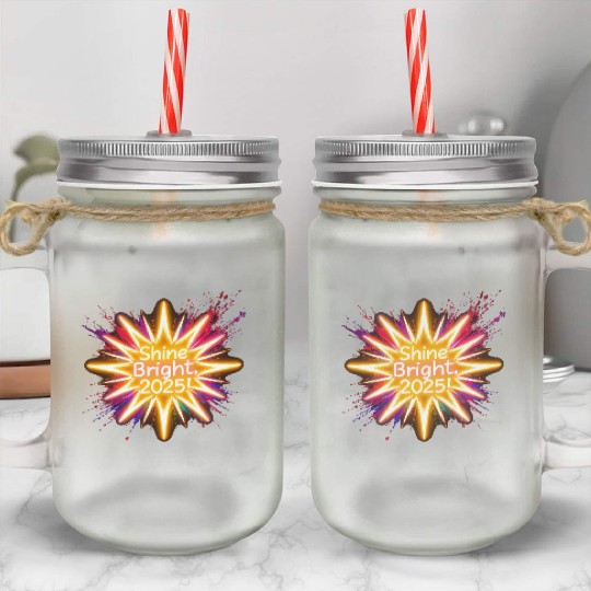 A large starburst glowing in neon light with 2025 Mason Jar Cups