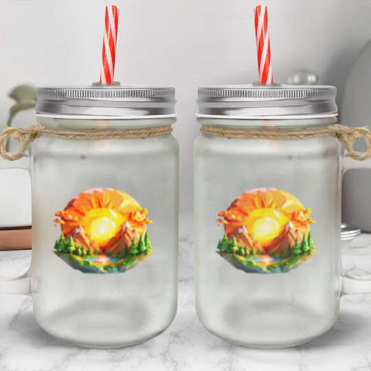 Vibrant Geometric Sunrise Landscape – Nature-Inspi Mason Jar Cups