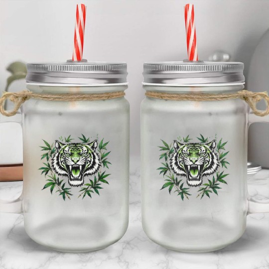 Fierce Green Tiger with Bamboo Branches Mason Jar Cups