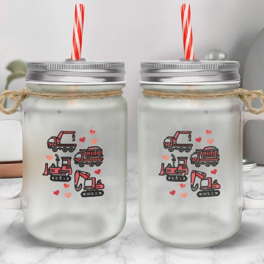 Valentines Construction Trucks Boys Kids Toddler Mason Jar Cups