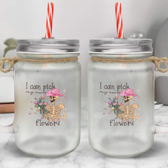 Funny Cowboy Skeleton with Flowers Mason Jar Cups