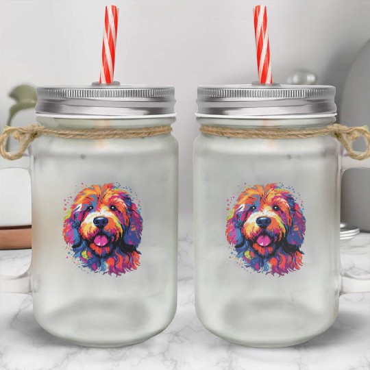 Watercolor Colorful Labradoodle Mason Jar Cups