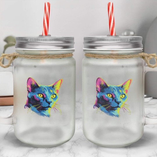 Cat Watercolor Colorful Russian Blue Mason Jar Cups