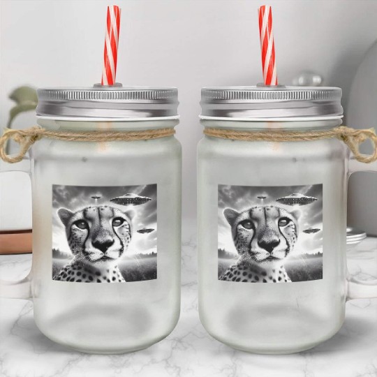 Cheetah Funny Graphic Selfie with UFOs Weird Alien Mason Jar Cups