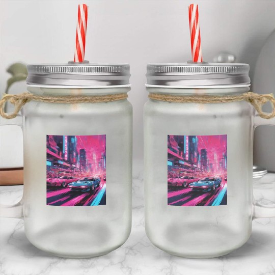 Street racers in downtown Tokyo Vaporwave Mason Jar Cups