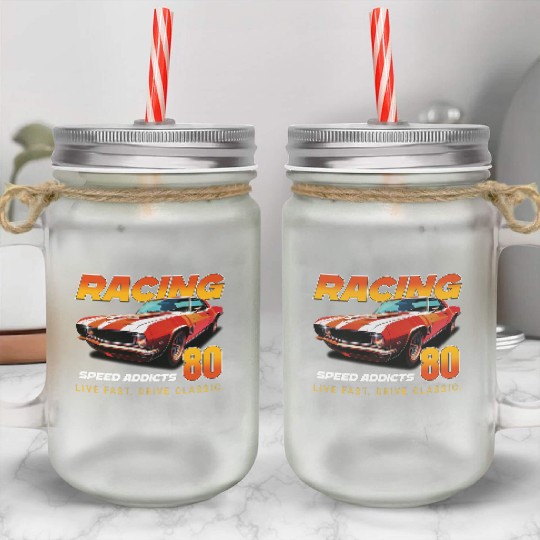 Racing Classic Car Graphic Mason Jar Cups, Retro Muscle Car
