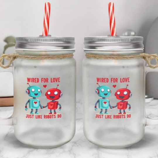 Valentine's Day Gift: Two Robots in Love on Bella Mason Jar Cups