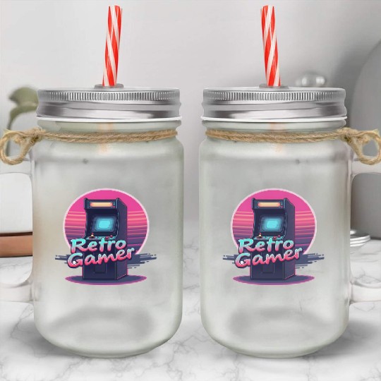 retro gamer in retro style oldschool gamer Mason Jar Cups