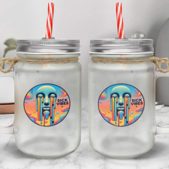 Psychedelic Melting Face with Vibrant Neon Mason Jar Cups