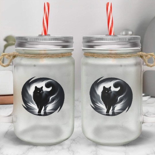 Mysterious and Elegant Black Cat Walking in Light Mason Jar Cups