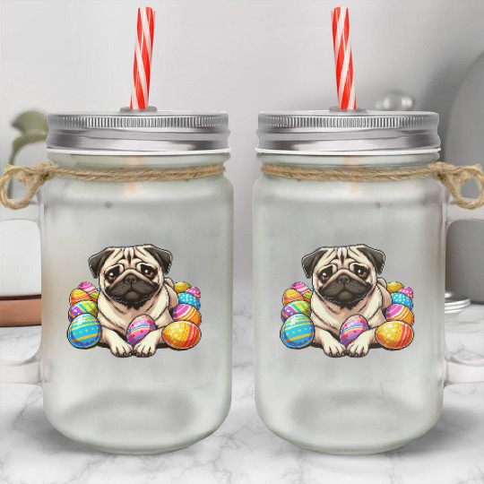 Cute Pug Easter Egg Cartoon Relax Chill Mason Jar Cups