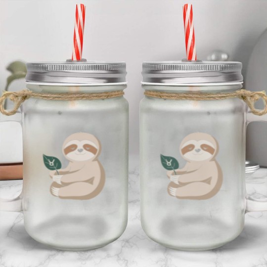 Taurus Zodiac Sloth Holding Leaf Mason Jar Cups