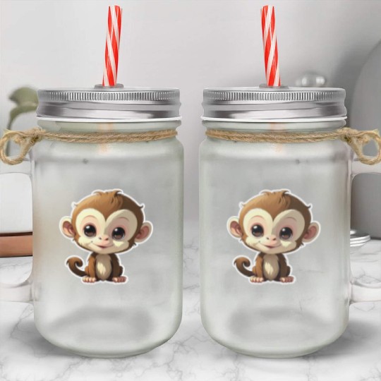 Monkey Chibi-Style Sticker Mason Jar Cups