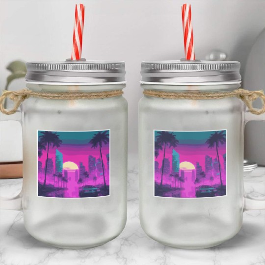 Neon Paradise Vaporwave Sunset Vibes Mason Jar Cups