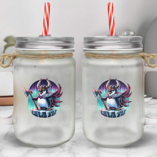Viking Penguin Warrior Under Northern Lights Mason Jar Cups