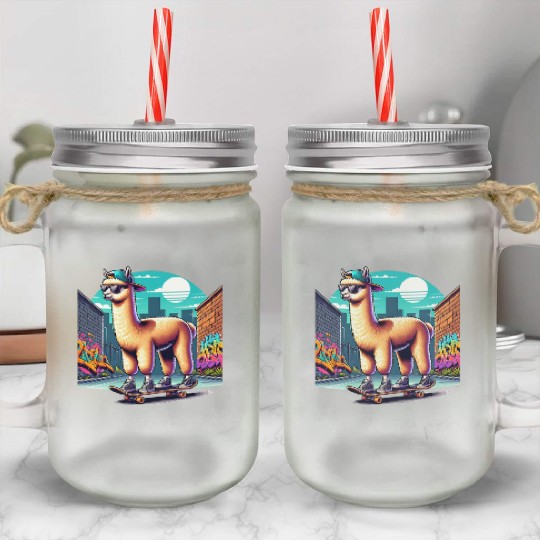 Cool Alpaca Skater Vibe in Urban Street Art Mason Jar Cups