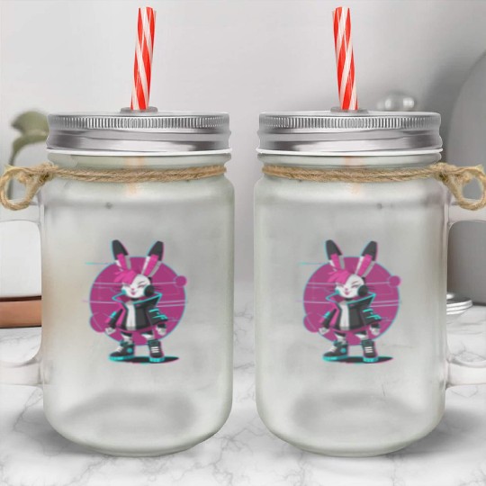 Cyber Bunny with Futuristic Style and Neon Colors Mason Jar Cups